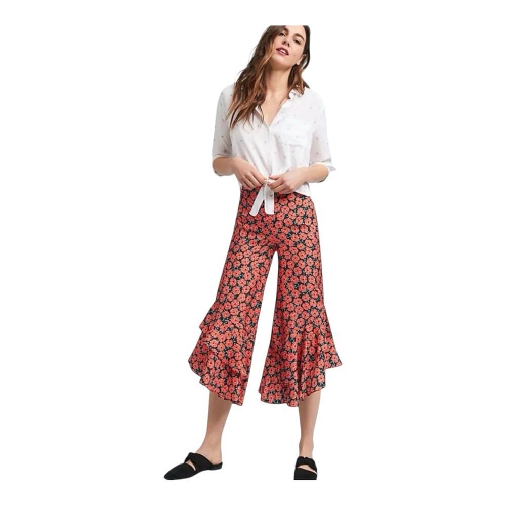 Anthropologie ETT TWA VirginieRed Floral Ruffle Flared Poppy Print Pants Size 2